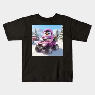Penguin riding atv through snow Kids T-Shirt